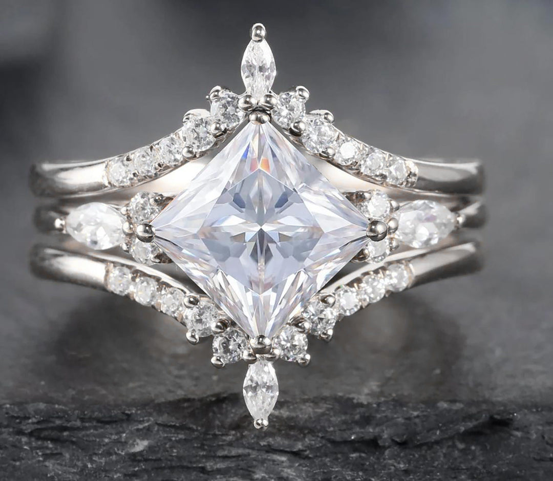 Unique Princess Cut Moissanite Bridal Set, Vintage Moissanite Engagement Ring , Art Deco Moissanite Wedding Set, 14K Rose Gold Promise Ring - ShainJewelry