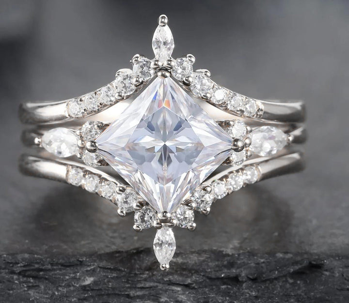 Unique Princess Cut Moissanite Bridal Set, Vintage Moissanite Engagement Ring , Art Deco Moissanite Wedding Set, 14K Rose Gold Promise Ring - ShainJewelry