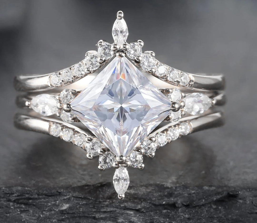 Princess Cut Moissanite Bridal Set Vintage Moissanite Engagement Ring Enhancer Set Dual Band Soldered Wedding Set Rose Gold Promise Ring - ShainJewelry