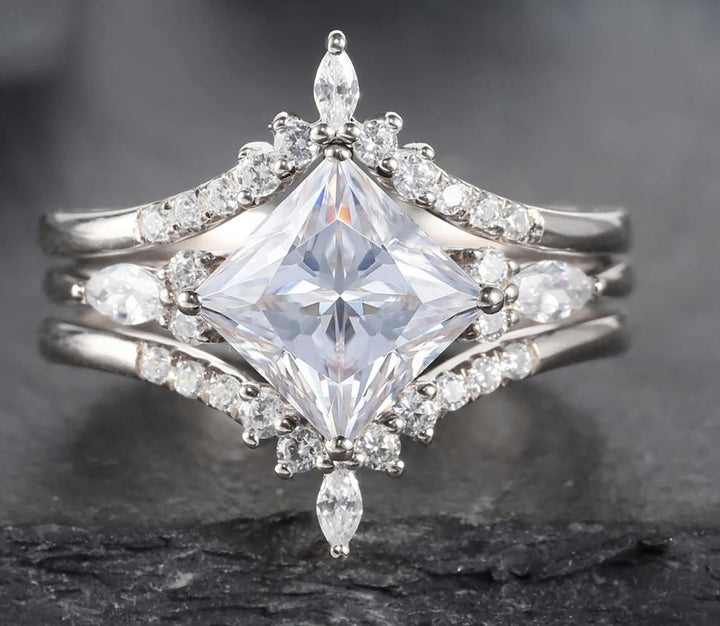 Princess Cut Moissanite Bridal Set Vintage Moissanite Engagement Ring Enhancer Set Dual Band Soldered Wedding Set Rose Gold Promise Ring - ShainJewelry