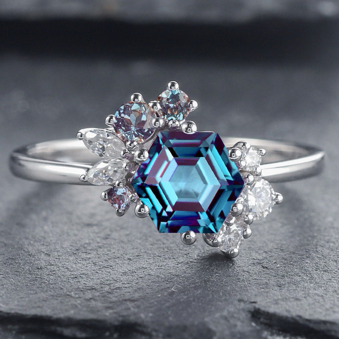 Vintage Hexagon Alexandrite Engagement Ring, Cluster Alexandrite Promise Ring, 14K Solid Gold/ Silver Wedding Ring Anniversary Ring Gift - ShainJewelry