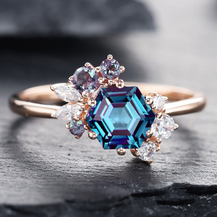 Vintage Hexagon Alexandrite Engagement Ring, Cluster Alexandrite Promise Ring, 14K Solid Gold/ Silver Wedding Ring Anniversary Ring Gift - ShainJewelry
