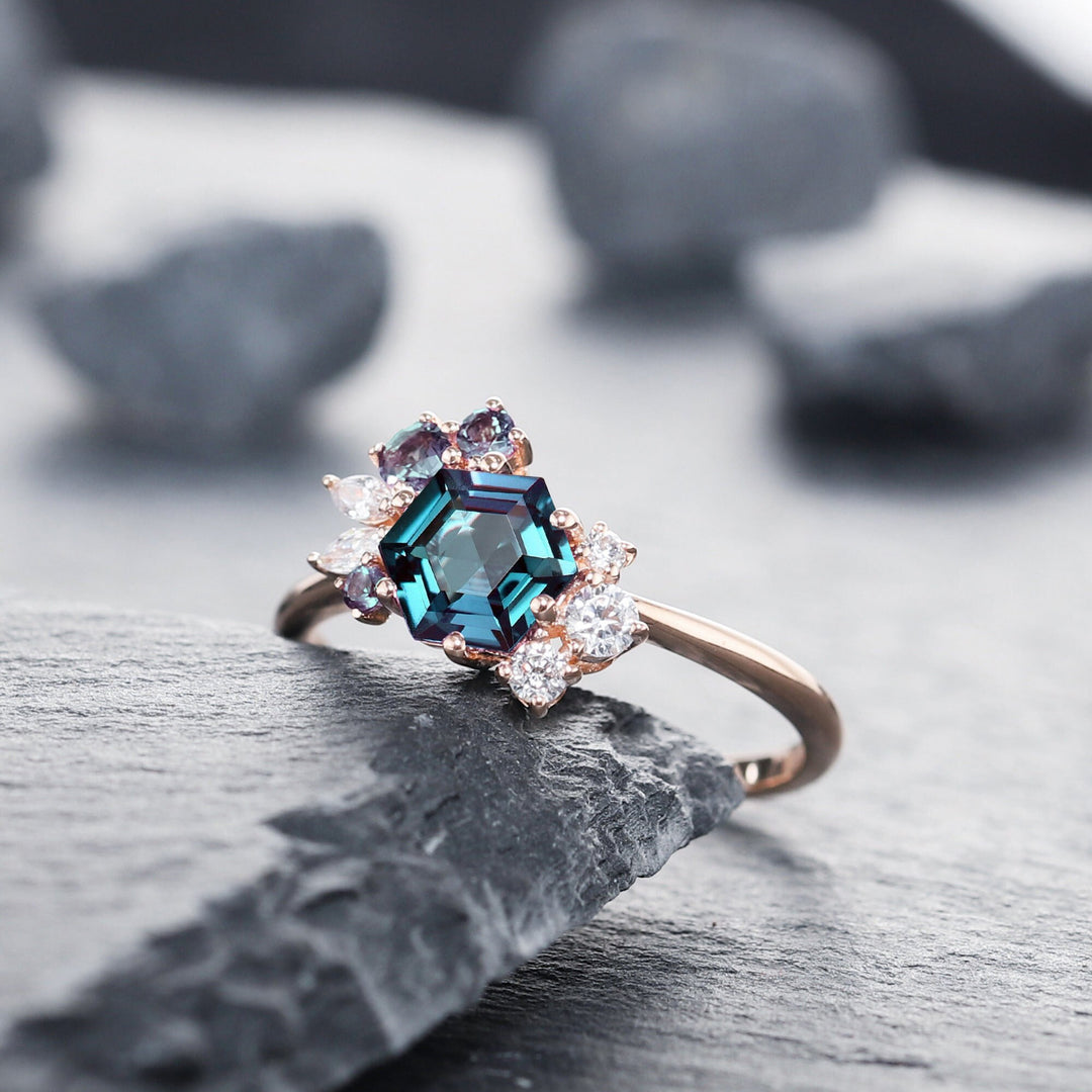 Vintage Hexagon Alexandrite Engagement Ring, Cluster Alexandrite Promise Ring, 14K Solid Gold/ Silver Wedding Ring Anniversary Ring Gift - ShainJewelry