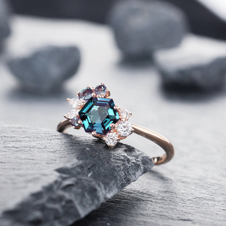 Vintage Hexagon Alexandrite Engagement Ring, Cluster Alexandrite Promise Ring, 14K Solid Gold/ Silver Wedding Ring Anniversary Ring Gift - ShainJewelry