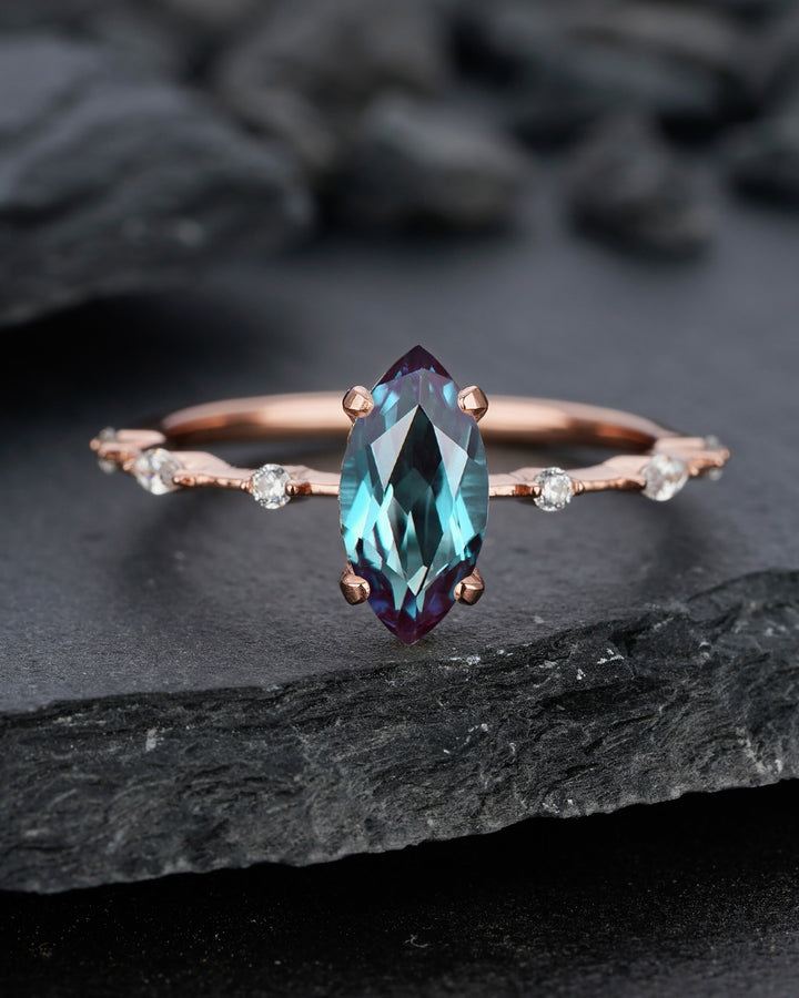 Vintage Marquise Cut Alexandrite Engagement Ring, Unique June Birthstone Wedding Promise Ring, 14K Rose Gold /Sterling Silver Ring for Women - ShainJewelry