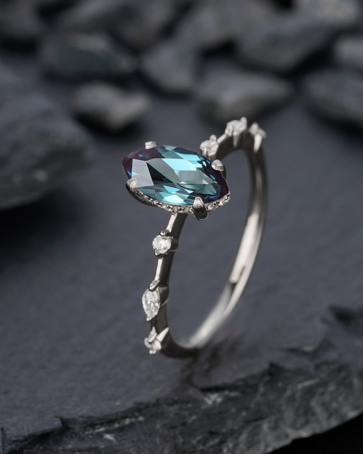 Vintage Marquise Cut Alexandrite Engagement Ring, Unique June Birthstone Wedding Promise Ring, 14K Rose Gold /Sterling Silver Ring for Women - ShainJewelry