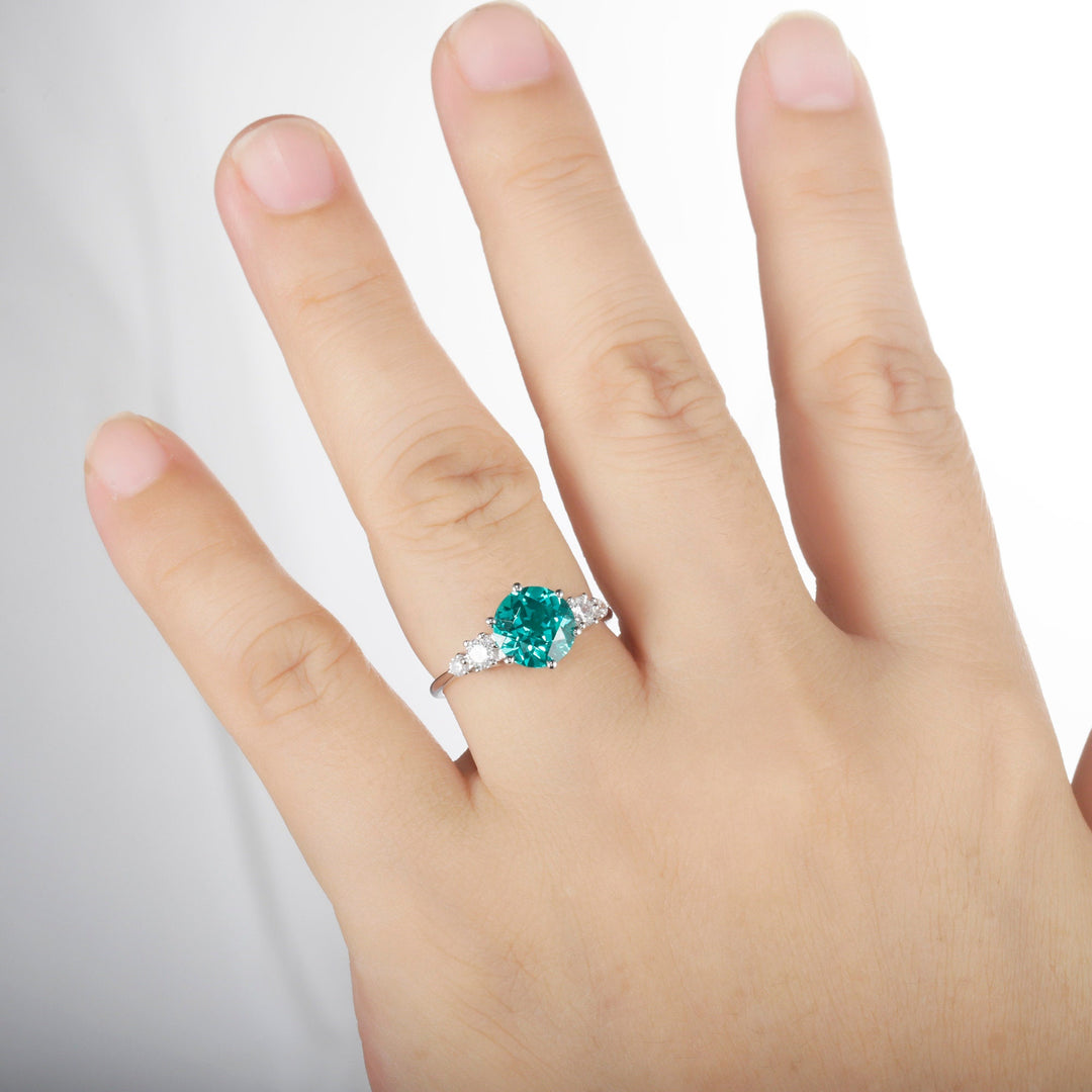 Platinum 3CT Neon Blue Paraiba Tourmaline Engagement Ring, Silver Green Bluish Tourmaline Wedding Ring, White Gold Promise Ring for Women - ShainJewelry