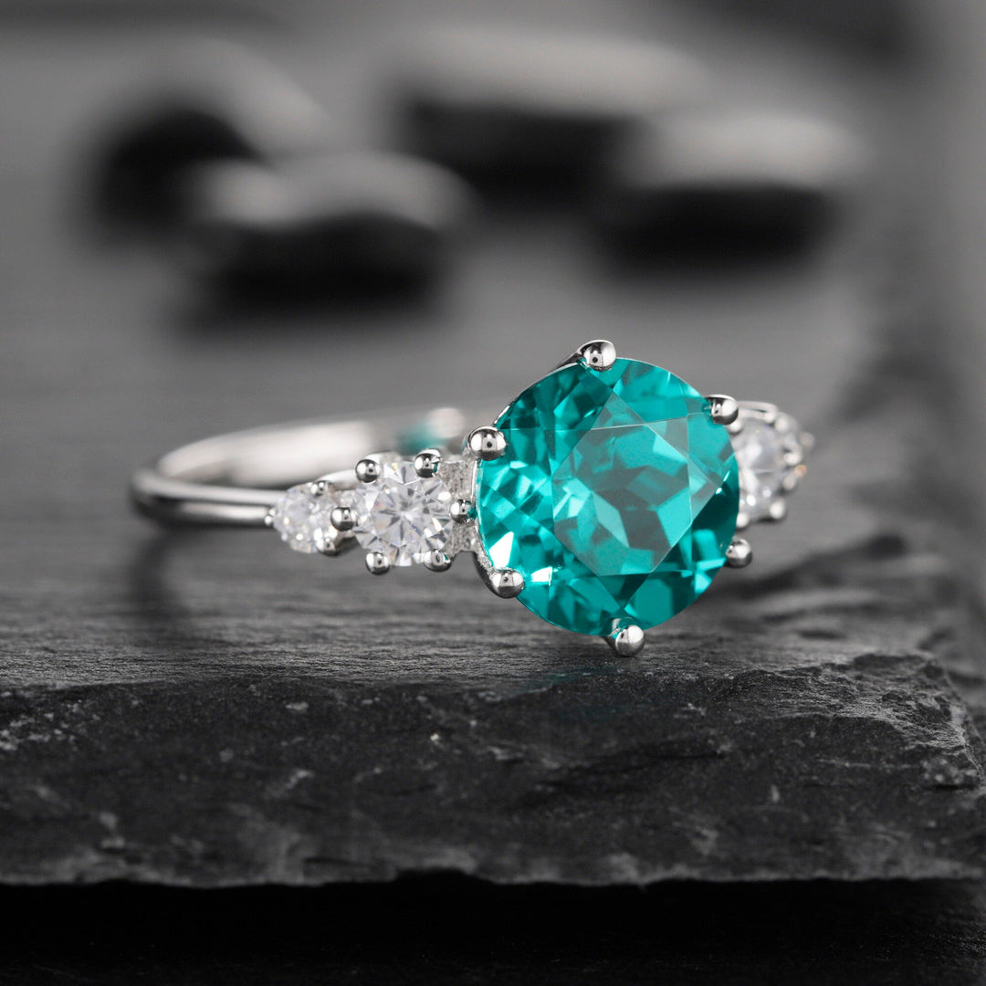 Platinum 3CT Neon Blue Paraiba Tourmaline Engagement Ring, Silver Green Bluish Tourmaline Wedding Ring, White Gold Promise Ring for Women - ShainJewelry