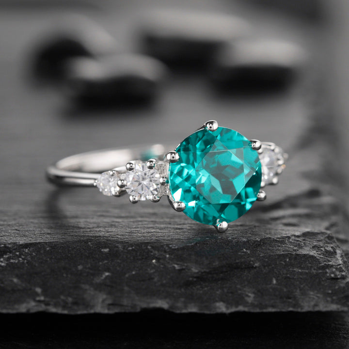 Platinum 3CT Neon Blue Paraiba Tourmaline Engagement Ring, Silver Green Bluish Tourmaline Wedding Ring, White Gold Promise Ring for Women - ShainJewelry