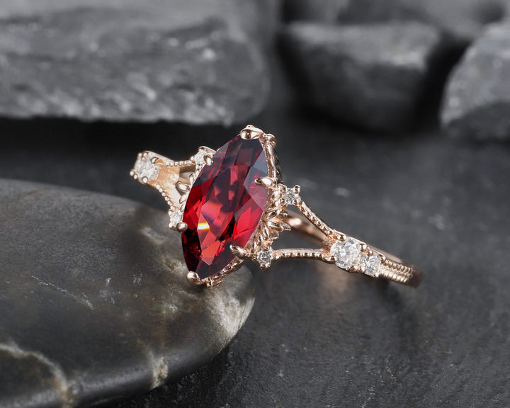 Vintage Milgrain Marquise Cut Garnet Engagement Ring, Unique January Birthstone Promise Ring, 14K Rose Gold/Silver Garnet Wedding Ring Gift - ShainJewelry