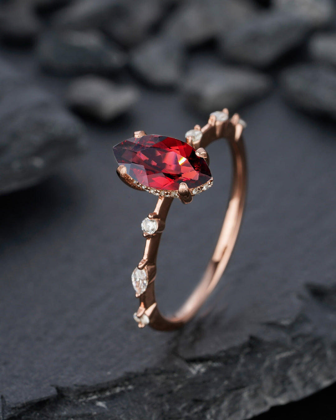 Vintage Marquise Cut Garnet Engagement Ring, Unique January Birthstone Wedding Promise Ring, 14K Rose Gold /Sterling Silver Ring for Women - ShainJewelry
