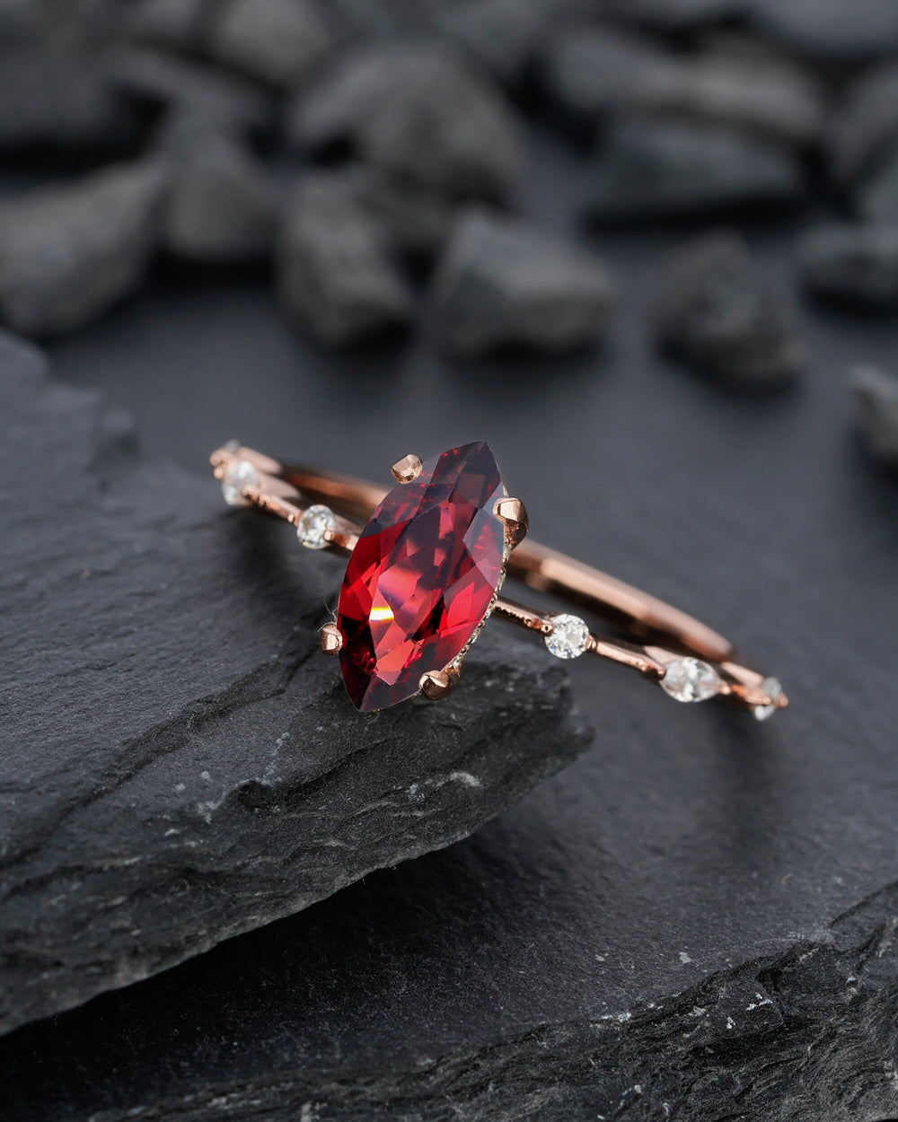 Vintage Marquise Cut Garnet Engagement Ring, Unique January Birthstone Wedding Promise Ring, 14K Rose Gold /Sterling Silver Ring for Women - ShainJewelry