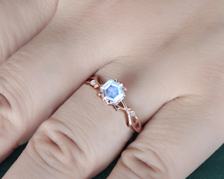 Vintage Hexagon Cut Moonstone Engagement Ring, Dainty Twist Branch Promise Ring, Unique 14K Rose Gold June Birthday Wedding Ring for Women - ShainJewelry