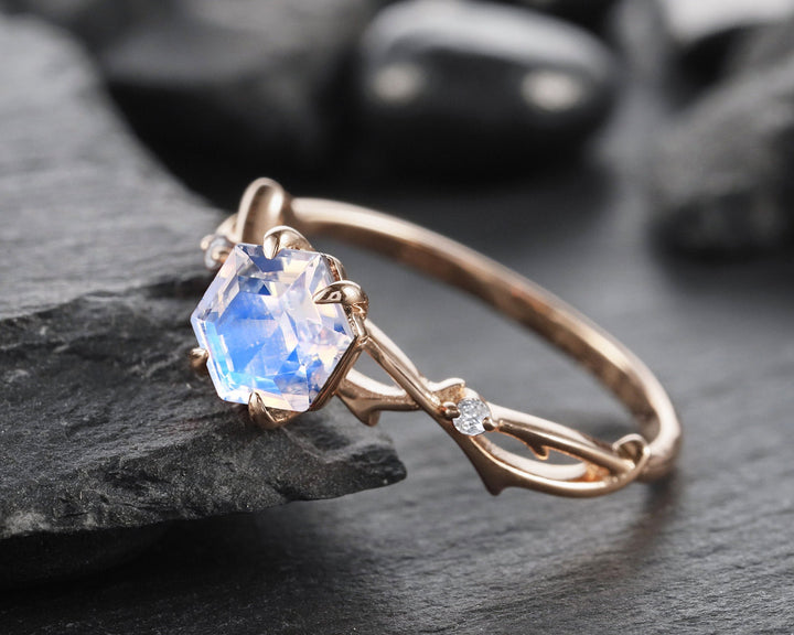 Vintage Hexagon Cut Moonstone Engagement Ring, Dainty Twist Branch Promise Ring, Unique 14K Rose Gold June Birthday Wedding Ring for Women - ShainJewelry