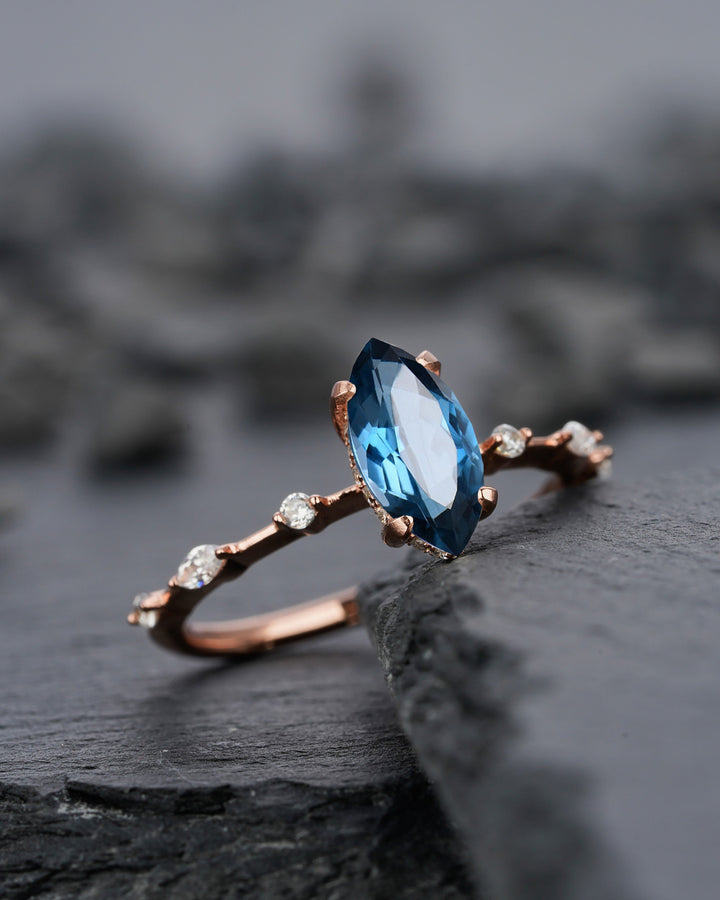 Vintage Marquise Cut London Blue Topaz Engagement Ring, Unique November Birthstone Wedding Ring, Topaz Promise Ring, Anniversary Ring Gift - ShainJewelry
