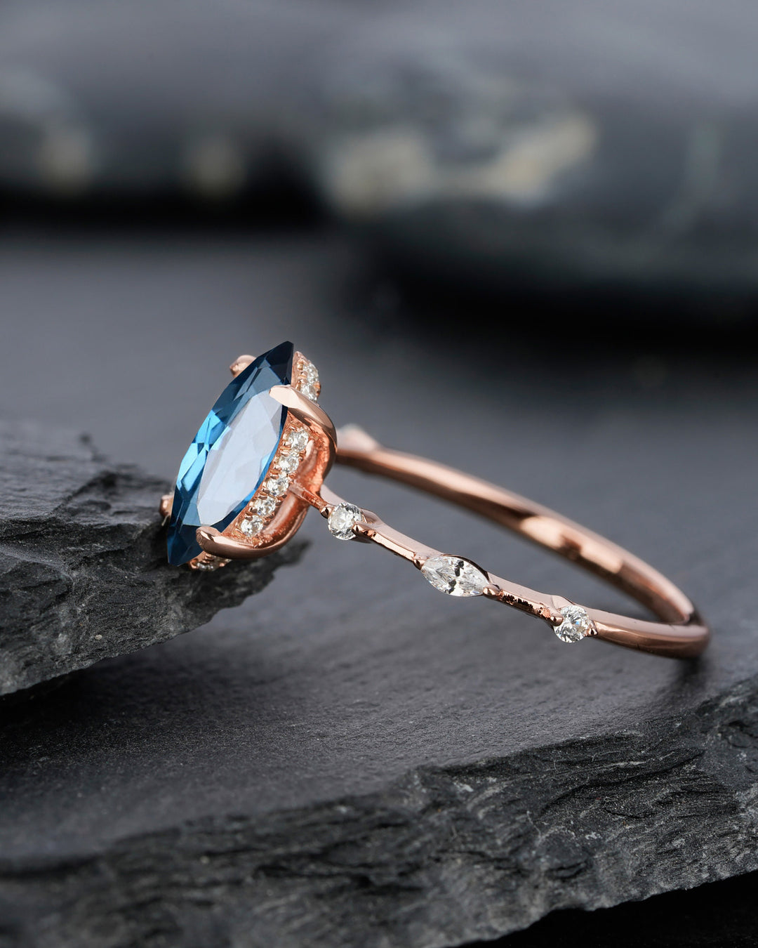 Vintage Marquise Cut London Blue Topaz Engagement Ring, Unique November Birthstone Wedding Ring, Topaz Promise Ring, Anniversary Ring Gift - ShainJewelry