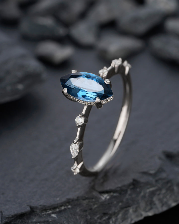 Vintage Marquise Cut London Blue Topaz Engagement Ring, Unique November Birthstone Wedding Ring, Topaz Promise Ring, Anniversary Ring Gift - ShainJewelry