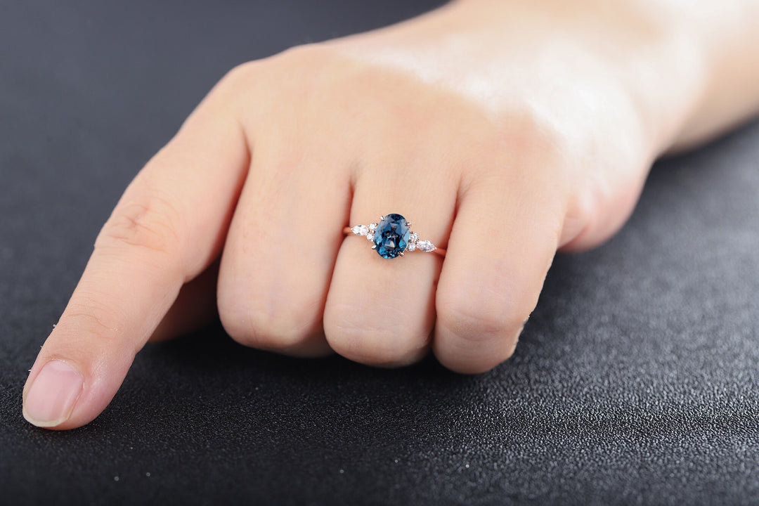 Vintage Oval Shape London Blue Topaz Engagement Ring, Unique Marquise Moissanite Wedding Ring, 14K Rose Gold Topaz Anniversary Promise Ring - ShainJewelry