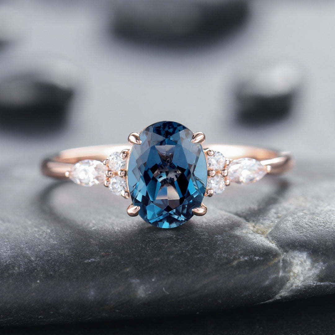 Vintage Oval Shape London Blue Topaz Engagement Ring, Unique Marquise Moissanite Wedding Ring, 14K Rose Gold Topaz Anniversary Promise Ring - ShainJewelry