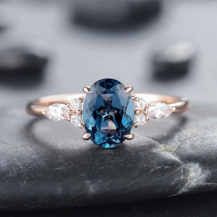 Vintage Oval Shape London Blue Topaz Engagement Ring, Unique Marquise Moissanite Wedding Ring, 14K Rose Gold Topaz Anniversary Promise Ring - ShainJewelry