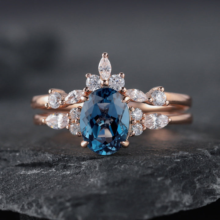 Vintage Oval Shape London Blue Topaz and Moissanite Engagement Ring, Unique Rose Gold Wedding Ring Bridal Set, Promise Ring Gift for Women - ShainJewelry