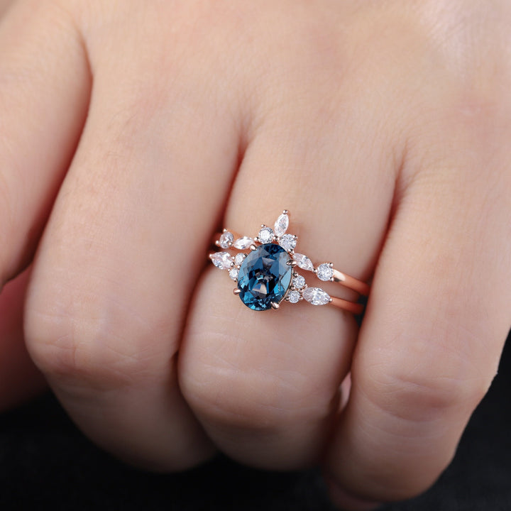 Vintage Oval Shape London Blue Topaz and Moissanite Engagement Ring, Unique Rose Gold Wedding Ring Bridal Set, Promise Ring Gift for Women - ShainJewelry