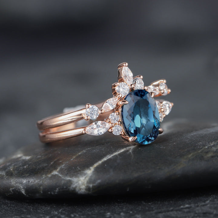 Vintage Oval Shape London Blue Topaz and Moissanite Engagement Ring, Unique Rose Gold Wedding Ring Bridal Set, Promise Ring Gift for Women - ShainJewelry