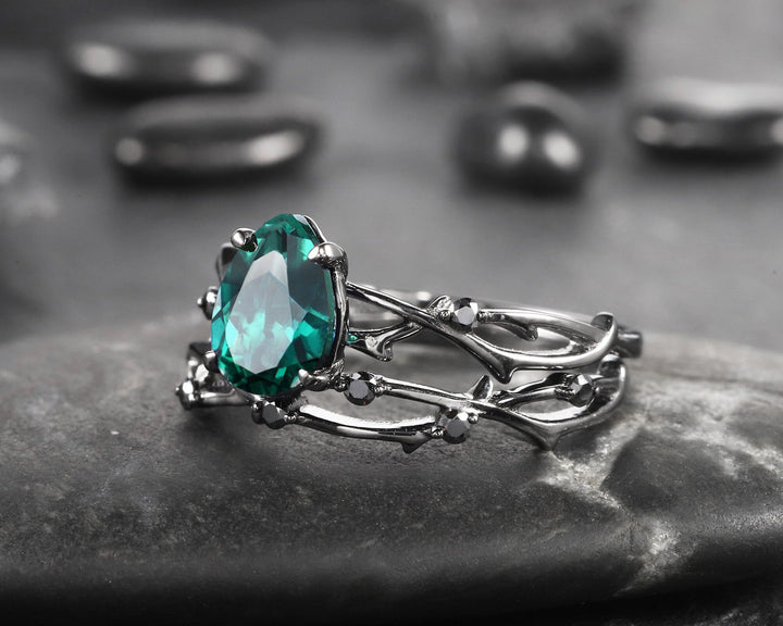 Vintage Rhodium Black Gold Pear Emerald Engagement Ring Set, Goth Emerald Wedding Promise Ring, Emerald and Black Diamond Bridal Ring Set - ShainJewelry