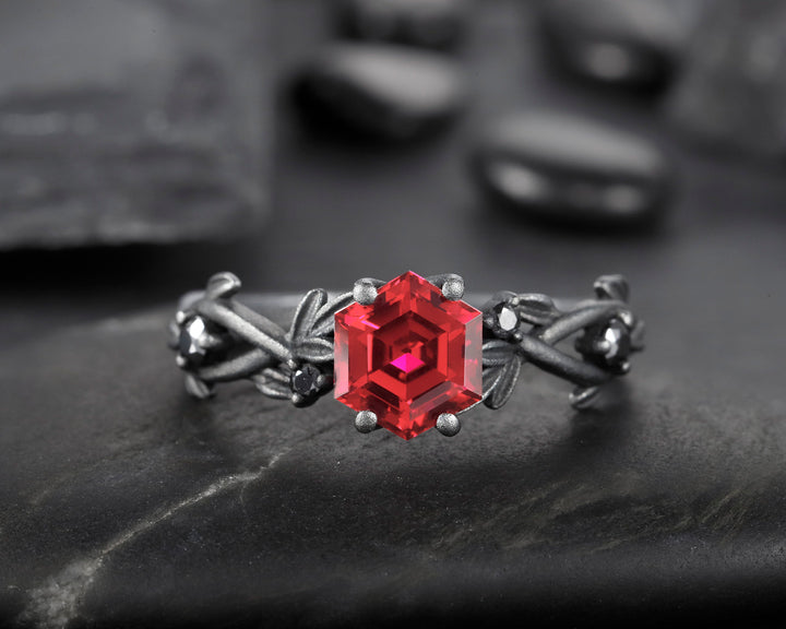 Black Gold Finish Hexagon Ruby Engagement Ring, Rhodium Black Leaf Twig Branch 14K Black Gold and Ruby Promise Anniversary Ring Gift for her - ShainJewelry