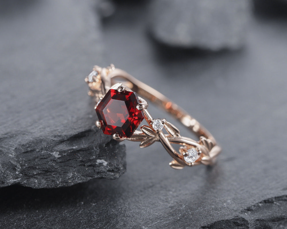 Vintage Hexagon Cut Garnet Leaf Engagement Ring Dainty Twig Promise Ring Unique 14K Rose Gold January Birthday Wedding Ring Gift for Women - ShainJewelry