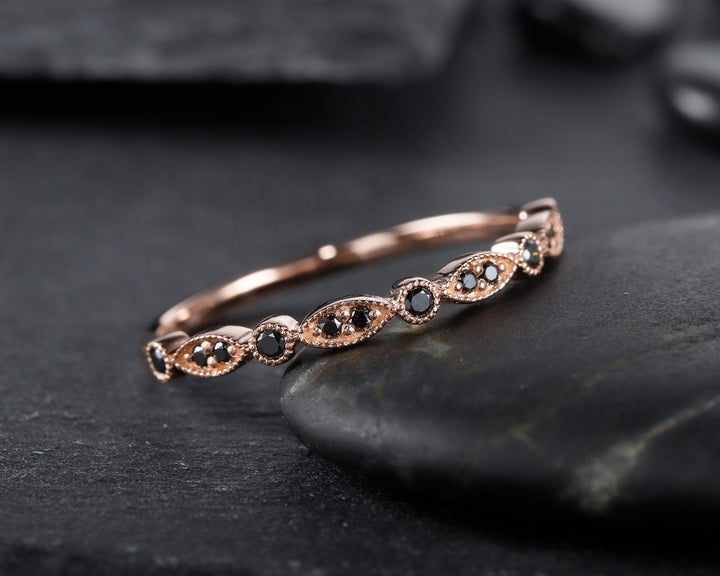 14K Rose Gold Black Diamond Wedding Band, Stackable Half Eternity Black Moissanite Engagement Ring Enhancer, 18K Black Diamond Matching Band - ShainJewelry
