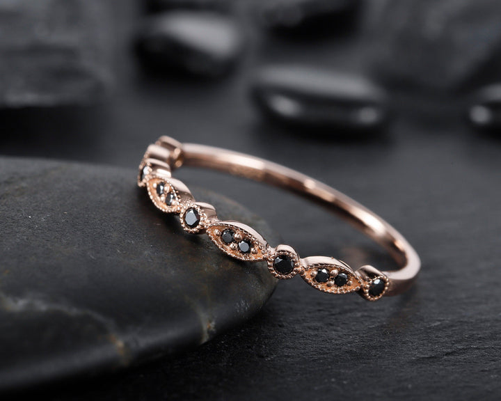 14K Rose Gold Black Diamond Wedding Band, Stackable Half Eternity Black Moissanite Engagement Ring Enhancer, 18K Black Diamond Matching Band - ShainJewelry