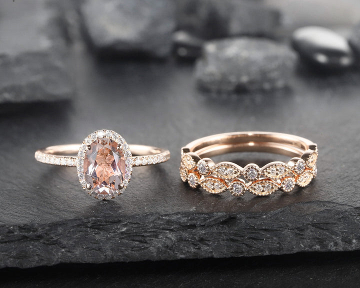 3PCS Oval Pink Morganite Engagement Halo Ring Set, Vintage 14K Rose Gold Morganite Bridal Set, Unique Alternative Wedding Set Promise Ring - ShainJewelry