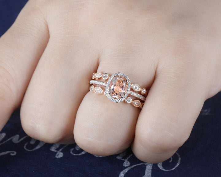 3PCS Oval Pink Morganite Engagement Halo Ring Set, Vintage 14K Rose Gold Morganite Bridal Set, Unique Alternative Wedding Set Promise Ring - ShainJewelry