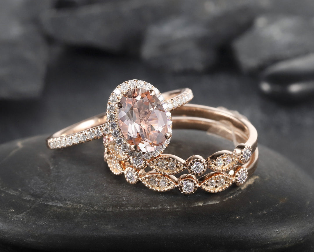 3PCS Oval Pink Morganite Engagement Halo Ring Set, Vintage 14K Rose Gold Morganite Bridal Set, Unique Alternative Wedding Set Promise Ring - ShainJewelry