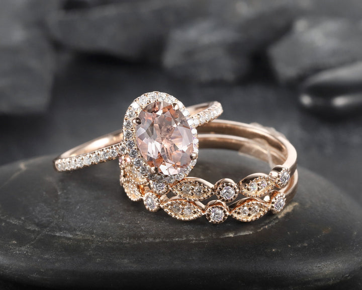 3PCS Oval Pink Morganite Engagement Halo Ring Set, Vintage 14K Rose Gold Morganite Bridal Set, Unique Alternative Wedding Set Promise Ring - ShainJewelry