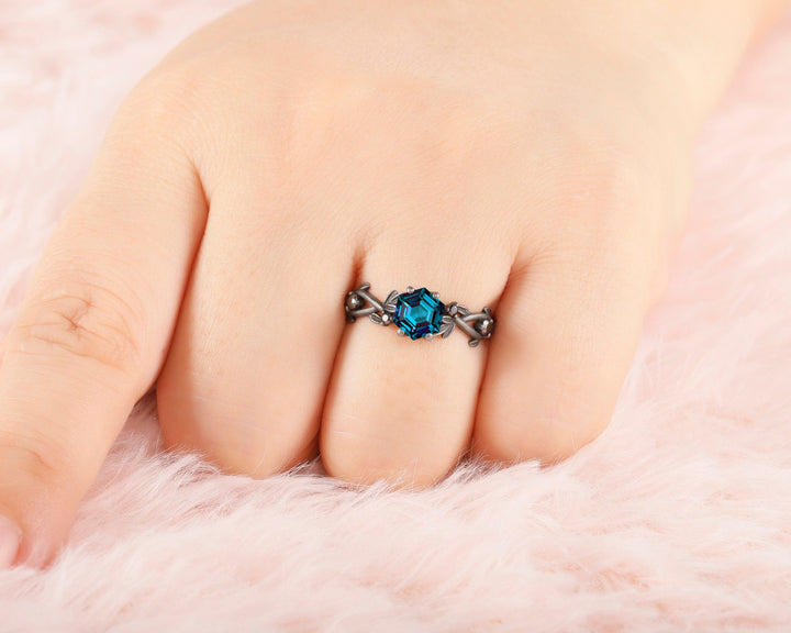Black Gold Vermeil Hexagon Alexandrite Ring, Rhodium Black Finish Leaf Branch Alexandrite Goth Engagement Ring Promise Anniversary Ring - ShainJewelry