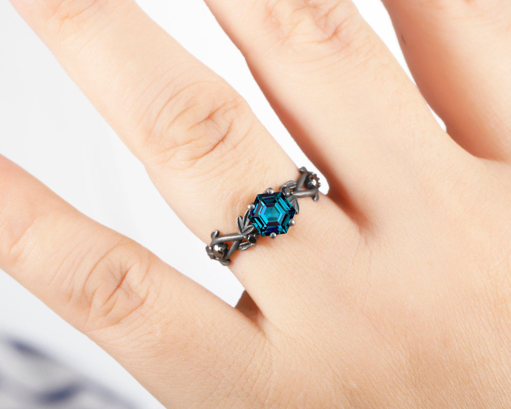 Black Gold Vermeil Hexagon Alexandrite Ring, Rhodium Black Finish Leaf Branch Alexandrite Goth Engagement Ring Promise Anniversary Ring - ShainJewelry