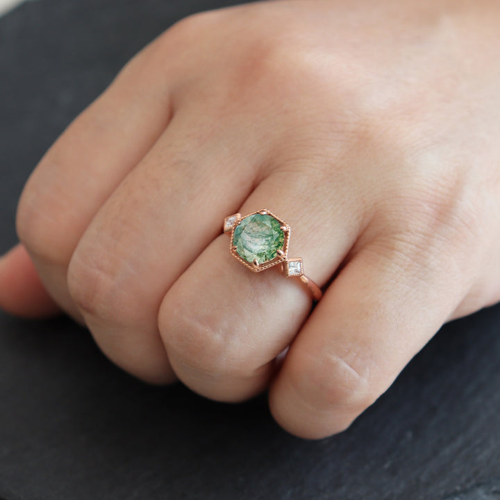 Vintage Moss Agate Engagement Ring, Sterling Silver Moss Agate Anniversary Promise Ring,14K Rose Gold Unique Agate Wedding Ring for Women - ShainJewelry