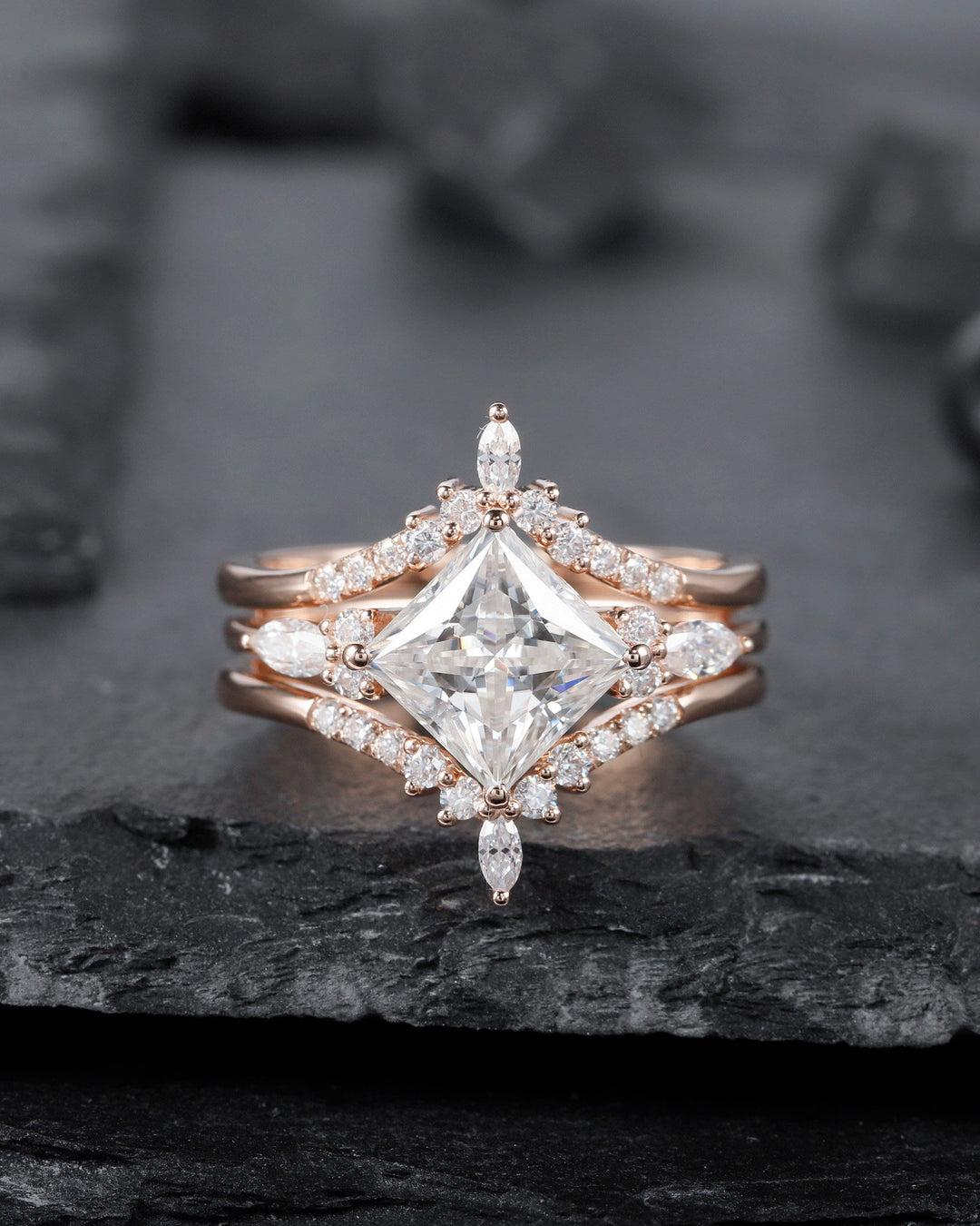 Princess Cut Moissanite Bridal Set Vintage Moissanite Engagement Ring Enhancer Set Dual Band Soldered Wedding Set Rose Gold Promise Ring - ShainJewelry