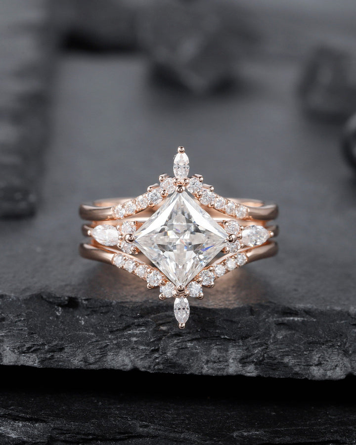 Princess Cut Moissanite Bridal Set Vintage Moissanite Engagement Ring Enhancer Set Dual Band Soldered Wedding Set Rose Gold Promise Ring - ShainJewelry