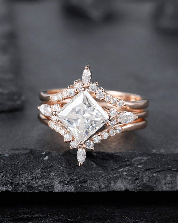 Princess Cut Moissanite Bridal Set Vintage Moissanite Engagement Ring Enhancer Set Dual Band Soldered Wedding Set Rose Gold Promise Ring - ShainJewelry