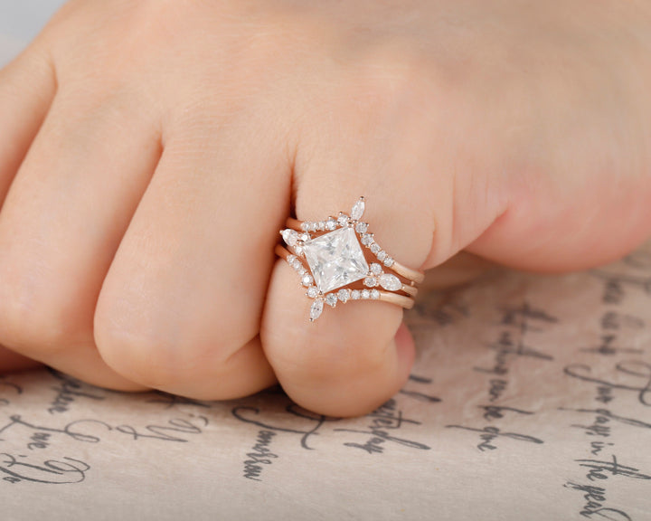 Princess Cut Moissanite Bridal Set Vintage Moissanite Engagement Ring Enhancer Set Dual Band Soldered Wedding Set Rose Gold Promise Ring - ShainJewelry