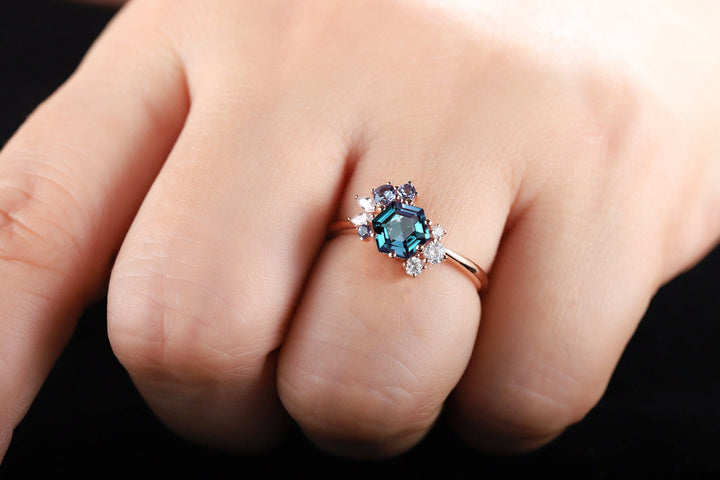 Vintage Hexagon Alexandrite Engagement Ring, Cluster Alexandrite Promise Ring, 14K Solid Gold/ Silver Wedding Ring Anniversary Ring Gift - ShainJewelry