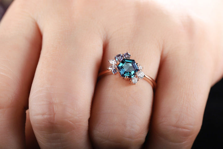 Vintage Hexagon Alexandrite Engagement Ring, Cluster Alexandrite Promise Ring, 14K Solid Gold/ Silver Wedding Ring Anniversary Ring Gift - ShainJewelry