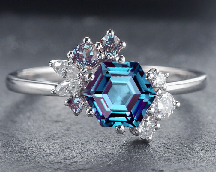 Vintage Hexagon Alexandrite Engagement Ring, Cluster Alexandrite Promise Ring, 14K Solid Gold/ Silver Wedding Ring Anniversary Ring Gift - ShainJewelry