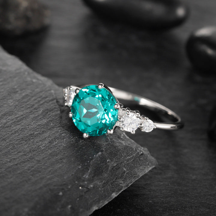 Platinum 3CT Neon Blue Paraiba Tourmaline Engagement Ring, Silver Green Bluish Tourmaline Wedding Ring, White Gold Promise Ring for Women - ShainJewelry