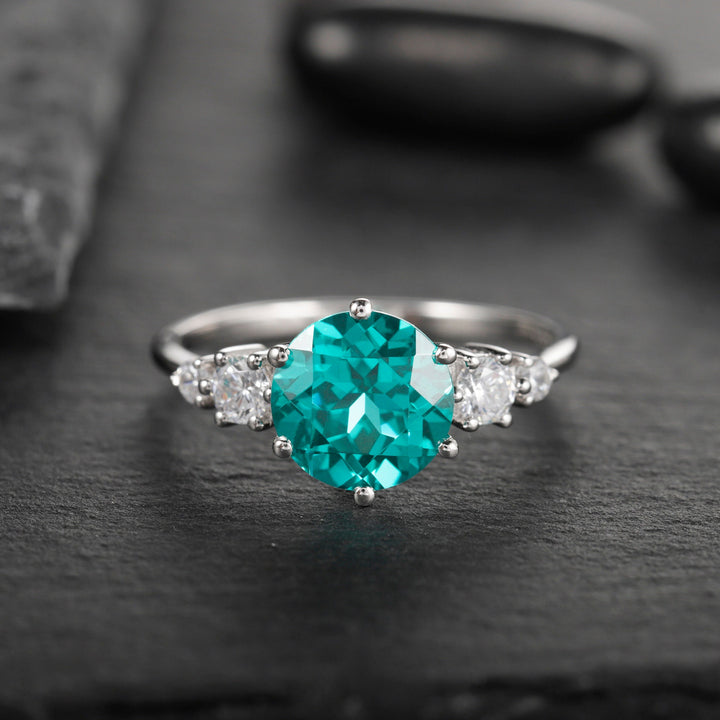 Platinum 3CT Neon Blue Paraiba Tourmaline Engagement Ring, Silver Green Bluish Tourmaline Wedding Ring, White Gold Promise Ring for Women - ShainJewelry