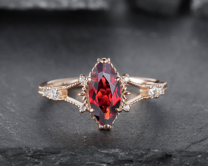 Vintage Milgrain Marquise Cut Garnet Engagement Ring, Unique January Birthstone Promise Ring, 14K Rose Gold/Silver Garnet Wedding Ring Gift - ShainJewelry