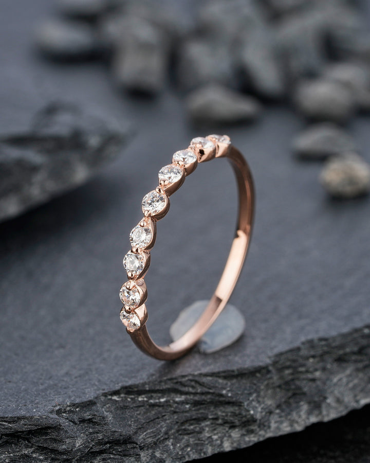 Vintage Moissanite Wedding Band, Stackable Half Eternity Art Deco Engagement Ring, Anniversary Promise Ring ,Vintage Rose Gold Matching Band - ShainJewelry